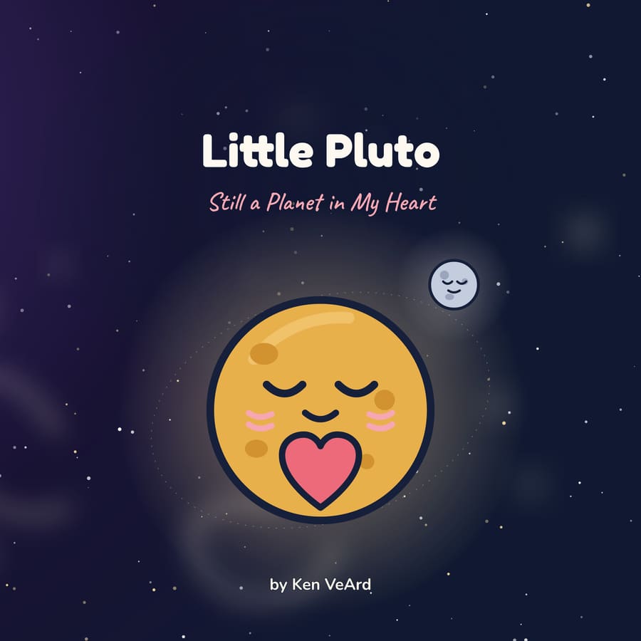 Book cover: Little Pluto, a smiling golden planet with a big pink heart, drifting in a starry night sky beside its small moon Charon.