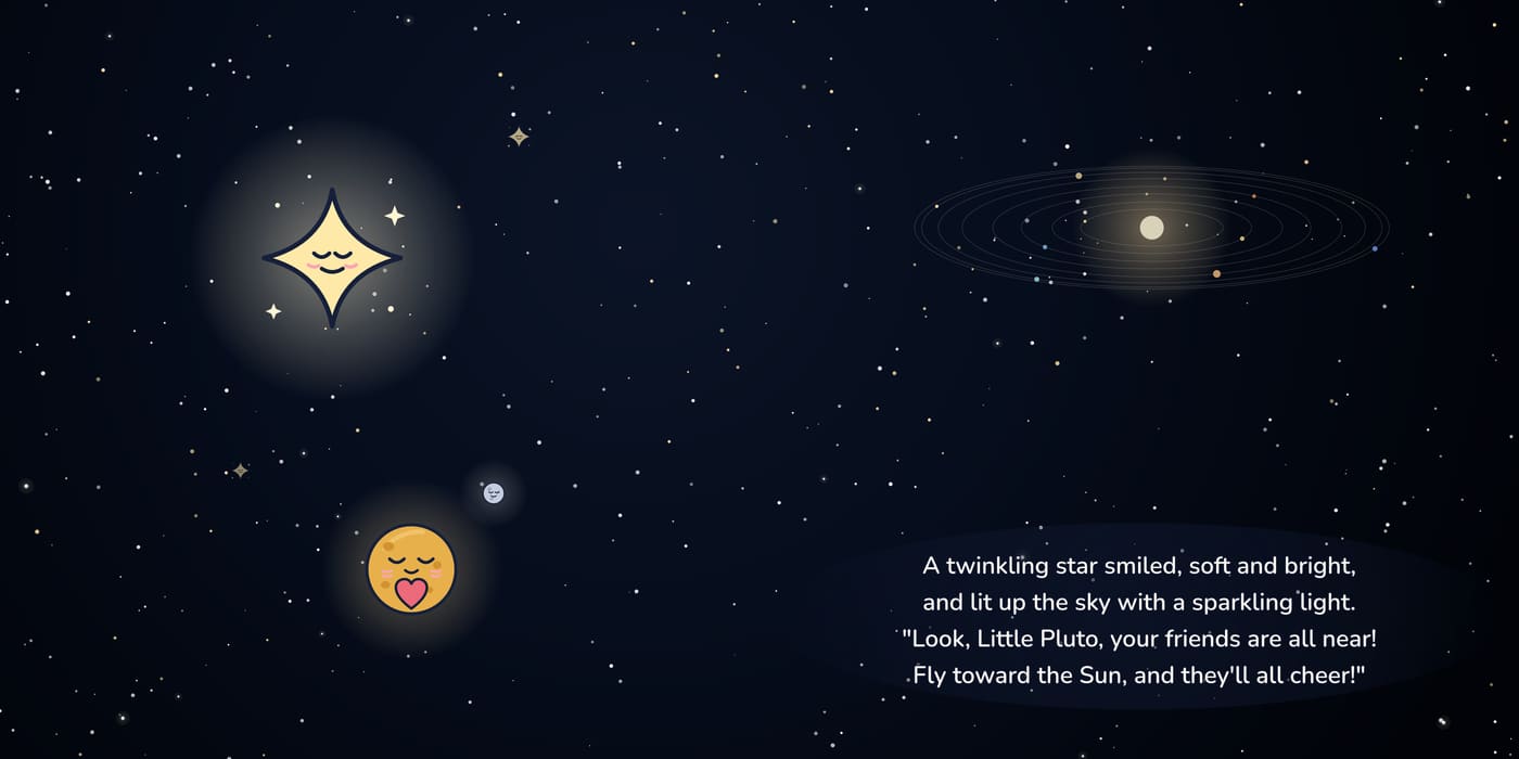 A twinkling golden star lights up the sky and points Little Pluto toward the Sun.
