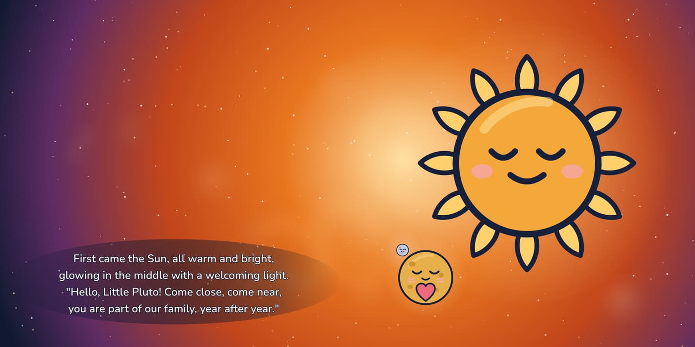 A smiling Sun glows warm and orange, welcoming Little Pluto close.