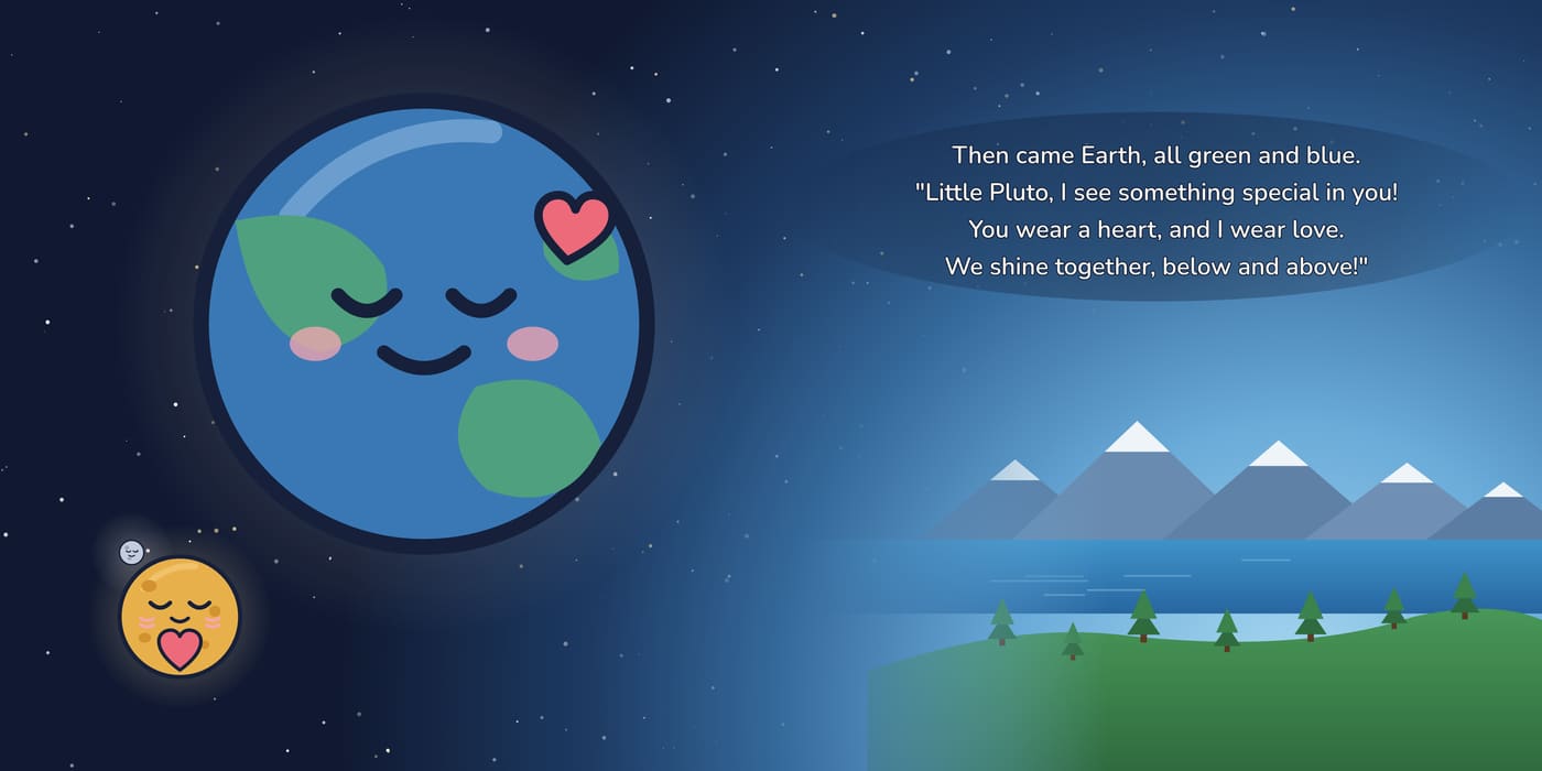Green-and-blue Earth greets Little Pluto, both of them wearing a heart.
