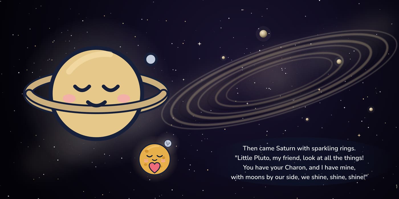 Ringed Saturn beams beside Little Pluto with its moon close by.